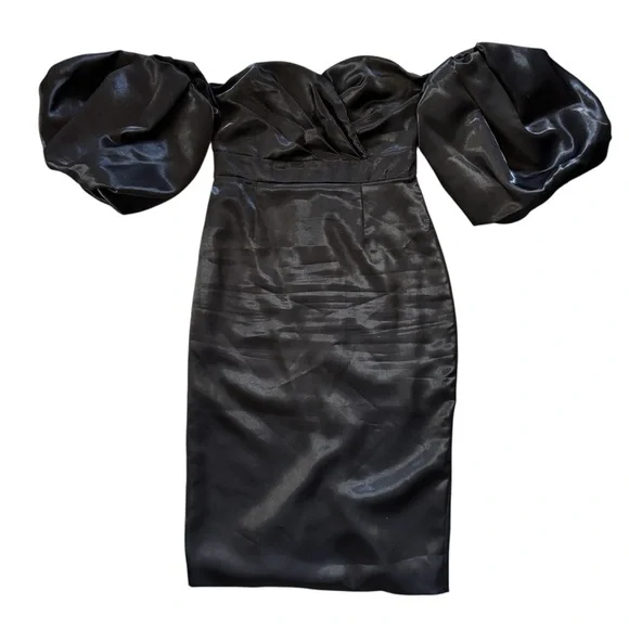 Beulah Style Black Off Shoulder Satin Midi Dress Puff Sleeves - Picture 10 of 16